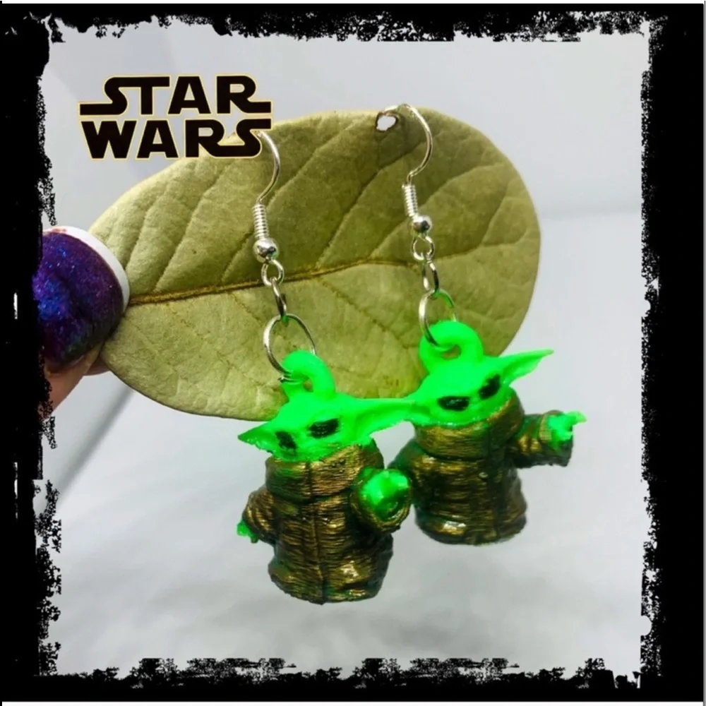 New S925 Sterling Silver Handmade Baby Yoda Earrings 3D Printed Hand Painted